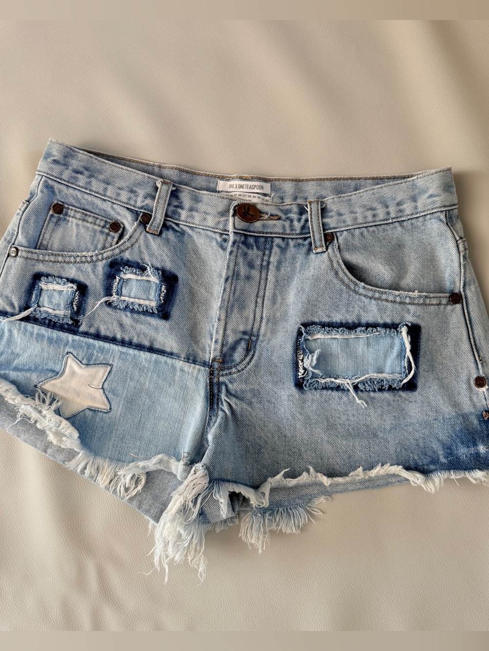 One Teaspoon Light Blue Patchwork Distressed Denim Shorts